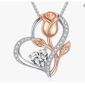 Praelinos Love Heart Pendant Necklace -White Gold Plated Rose Flower Silver Tone